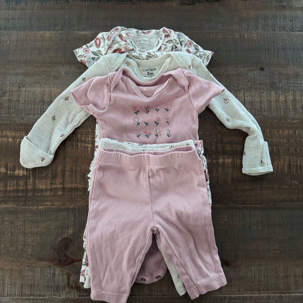 Floral and Solid Baby Onesies and Pants Set